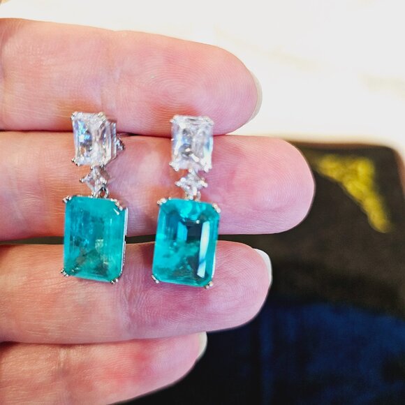925 Silver Blue Paraiba Tourmaline and CZ Drop Earrings - Picture 1 of 4